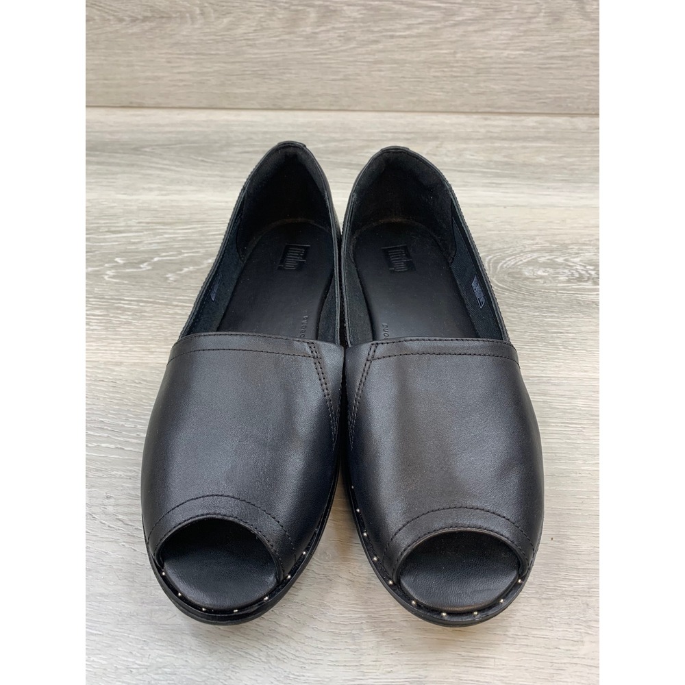 FitFlop Duocomff Women's Peep Toe Flats Black Leather 8 Comfort Casual Shoes - Picture 2 of 10